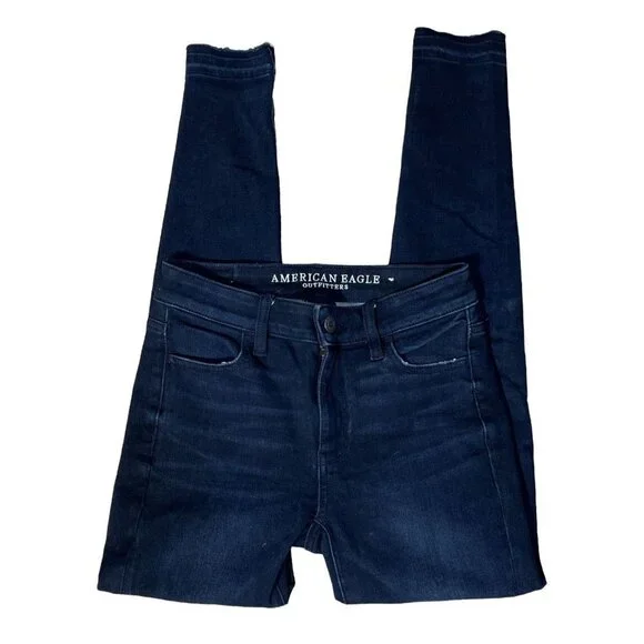 American Eagle Hi-Rise Jegging Dark Wash Raw Hem Size 0 - Picture 2 of 10